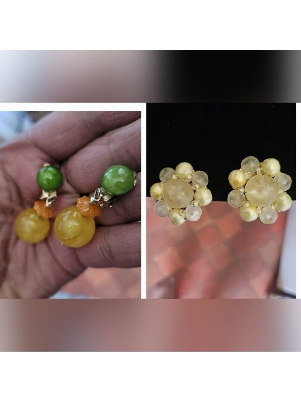 Vintage 2 Pairs Hong Kong 60s Lucite Clip-on Earrings